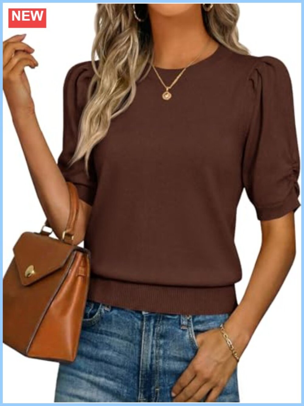 Puff Short Sleeve Sweater Top Ruffle Ruched Crew Neck Knit Pullover Blouse